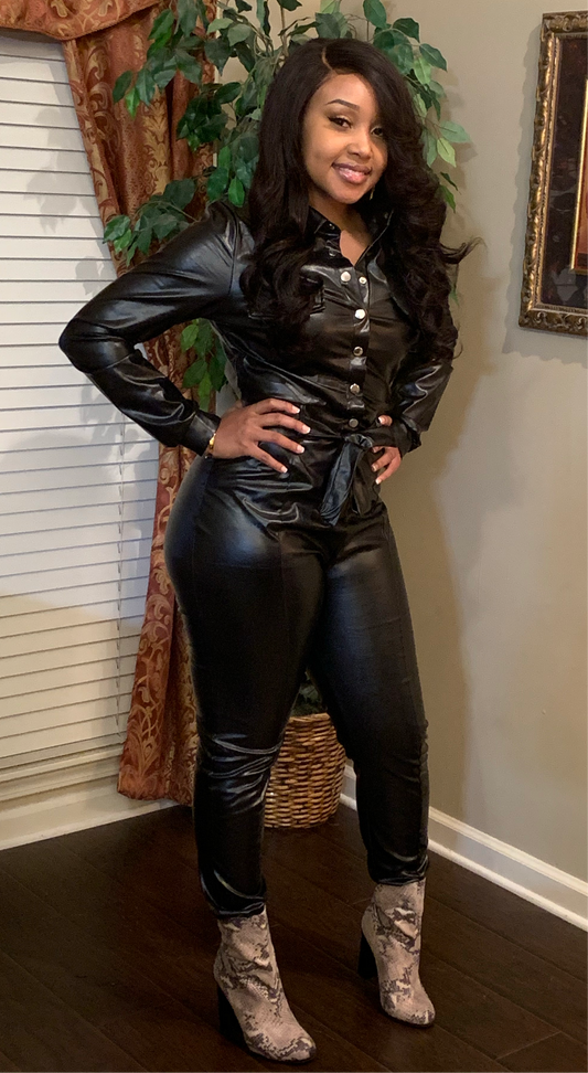 Cat Woman Faux Leather Jumpsuit